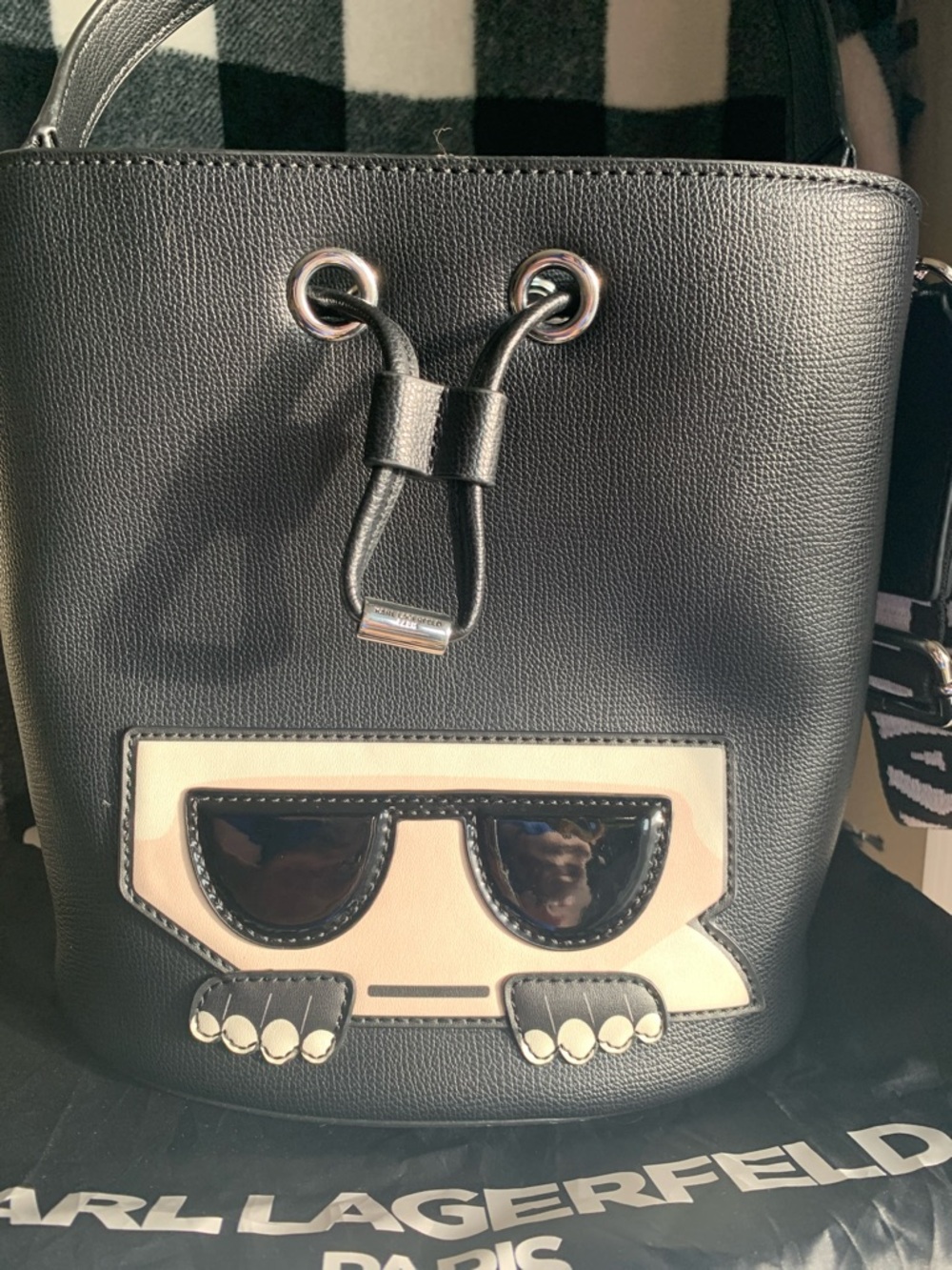 Karl Lagerfeld Black & Cream Leather Icon Drawstring Bucket Crossbody